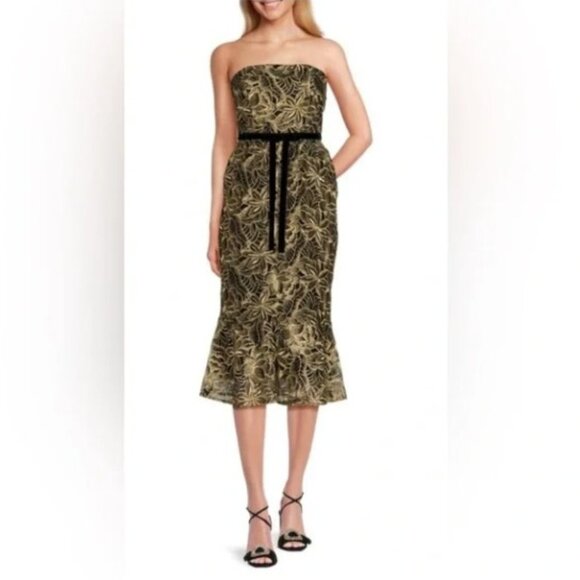 NWT Sam Edelman Gold Black Embroidered Midi Strapless Dress Size 2 - Picture 1 of 8